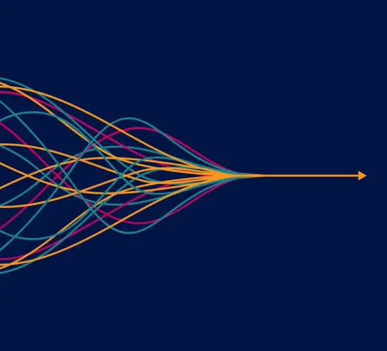 Illustrated graphic of many multicoloured wavy lines joining to one single line with an arrow