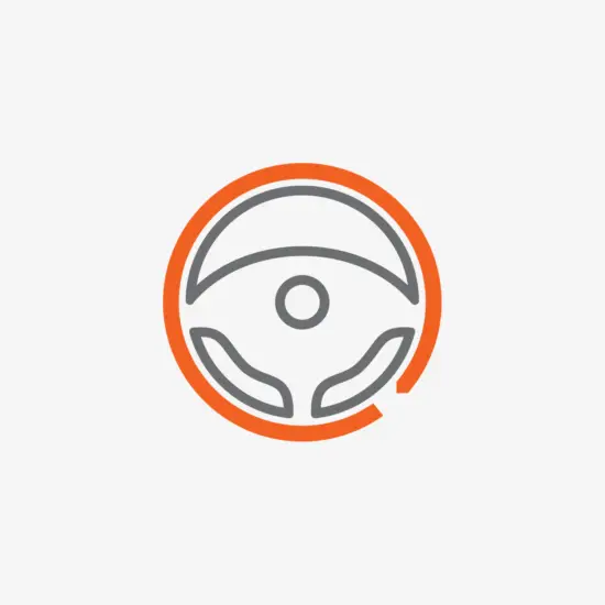 customised line icon of a steering wheel for chauffeur insurance. Features the Plan circle icon as part of the steering wheel