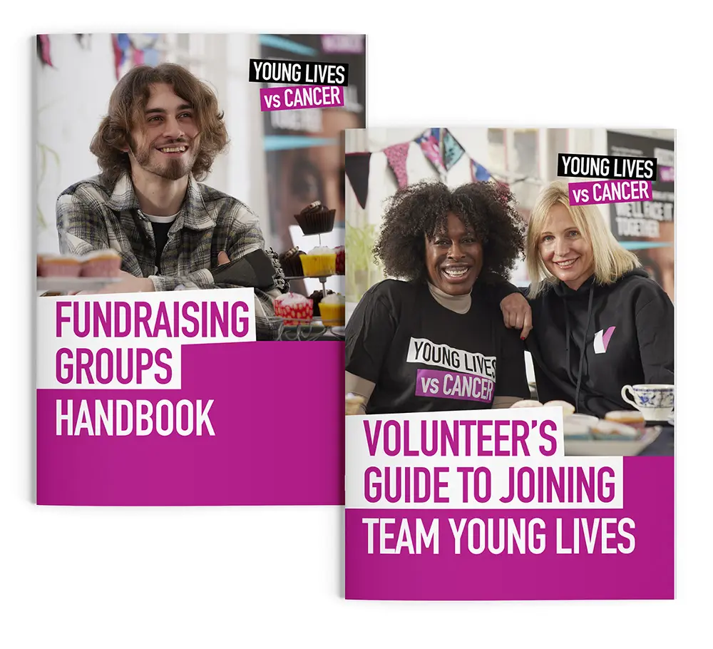 YLvC_handbooks Two guides for Young Lives Vs Cancer, featuring images of smiling volunteers. One is for fundraising groups, the other is for single volunteers.