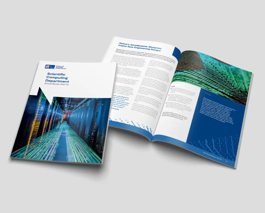 Annual report for UKRI Science, Technology and Facilities council. Shows a front cover and an open spread