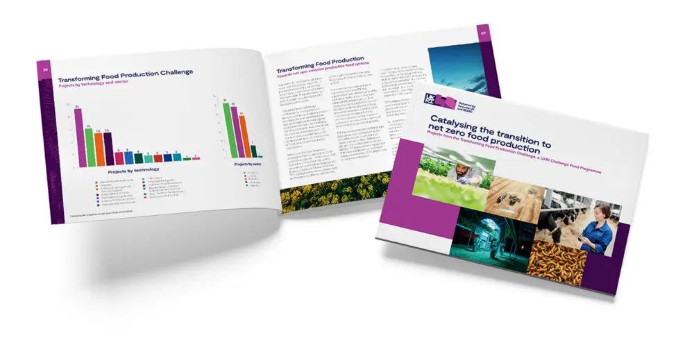 Cover and open spread of an A5 landscape publication for UKRI - 'catalysing the transistion to net zero food production'