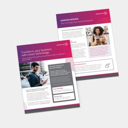 Two promotional brochures for Aimendo with images of business users on their mobile phones