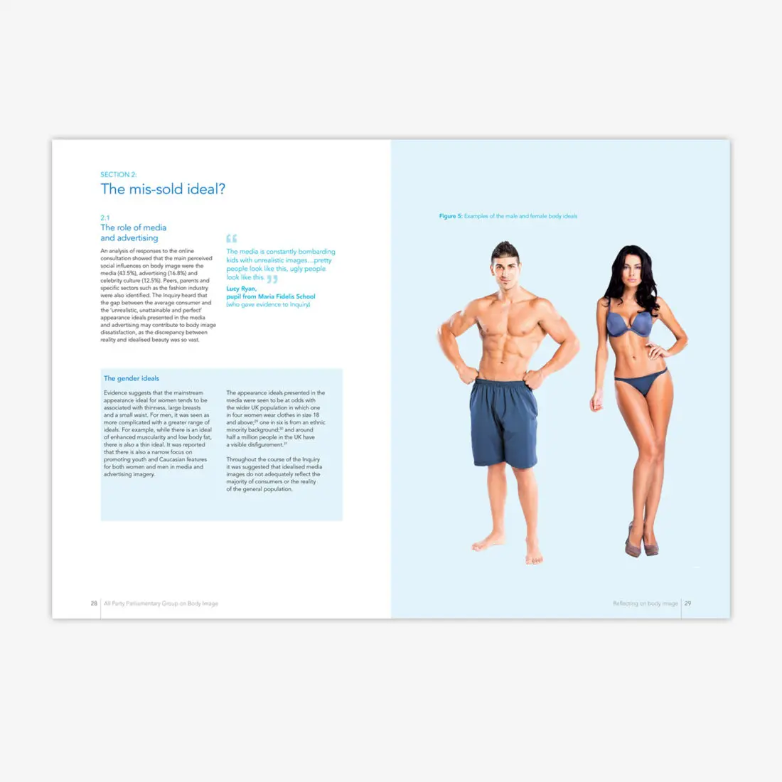 Inside page spread - the mis-sold ideal. right hand page has a male and female with 'perfect' bodies