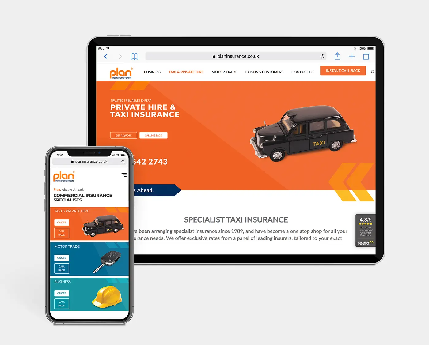 IPad and smartphone screen showing pages from the Plan Insurance website.