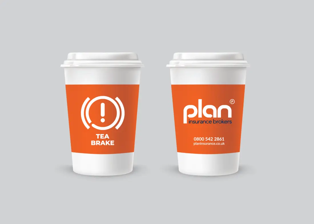 Visual of takeaway cups with the Plan logo and contact details on one side and an illustration of a dashboard warning icon with teh word 'tea brake'