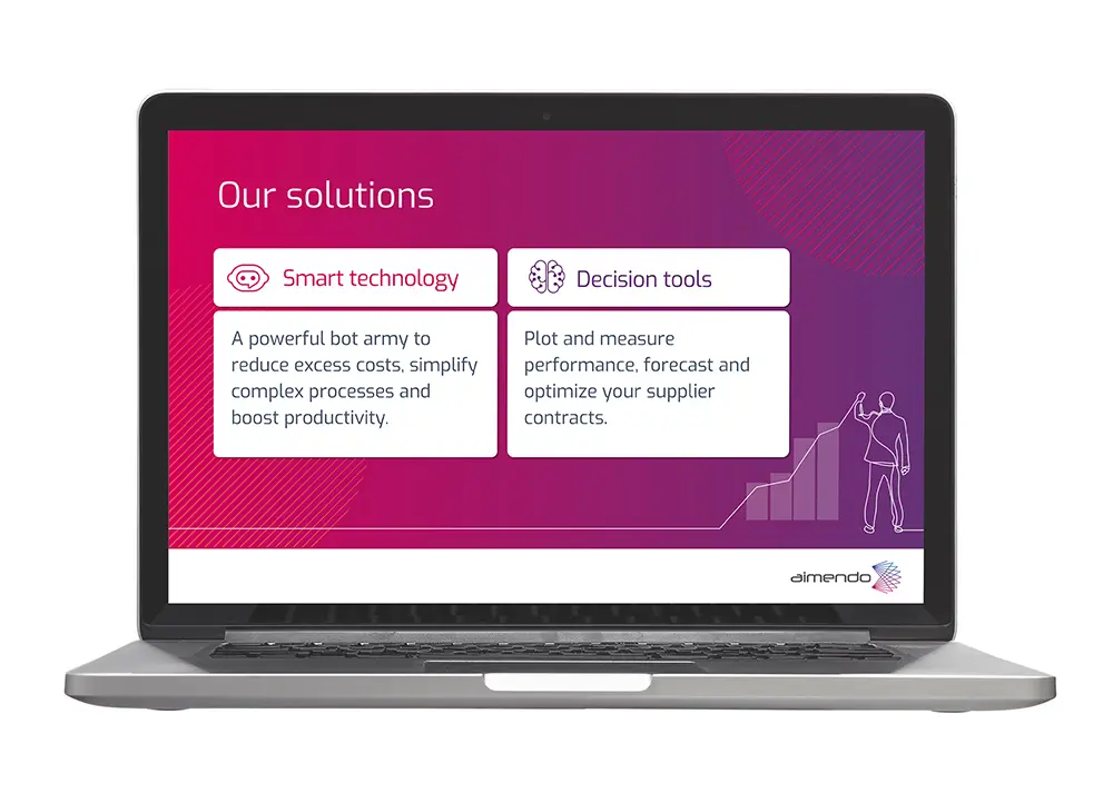 Aimendo presentation deck A laptop screen with a presentation about AI solutions. The background is a bold red to purple gradient with a line drawing of a man drawing a bar graph