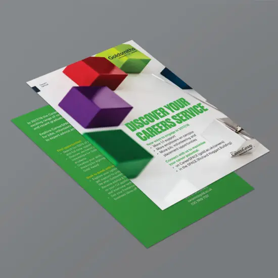 Double sided A5 flyer with an image of a clock with cubes on the front and copy on the reverse