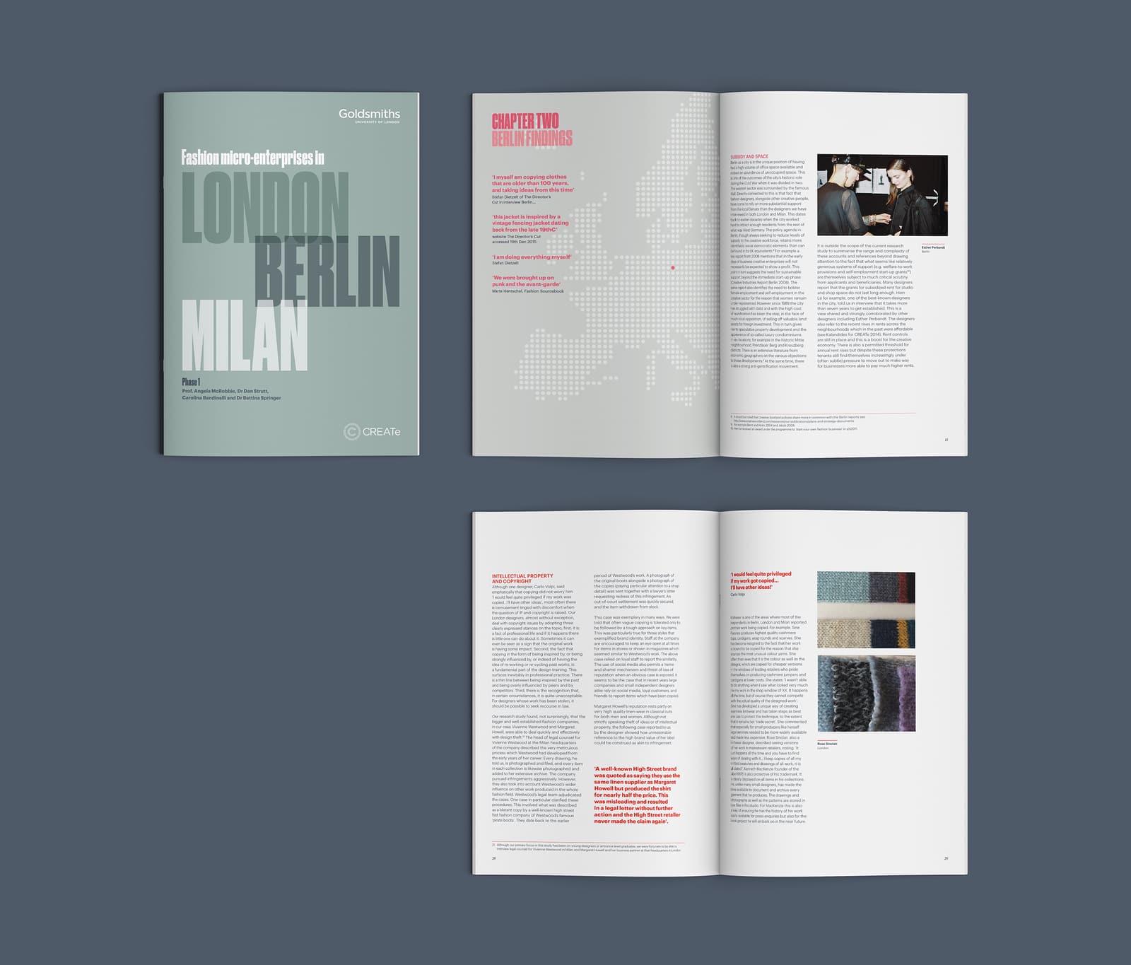 Cover and inside spreads of book. Front cover features the words 'London, Berlin and Milan' in large sans-serif capitals. Inside spreads include text and images from featured entrpreneurs.
