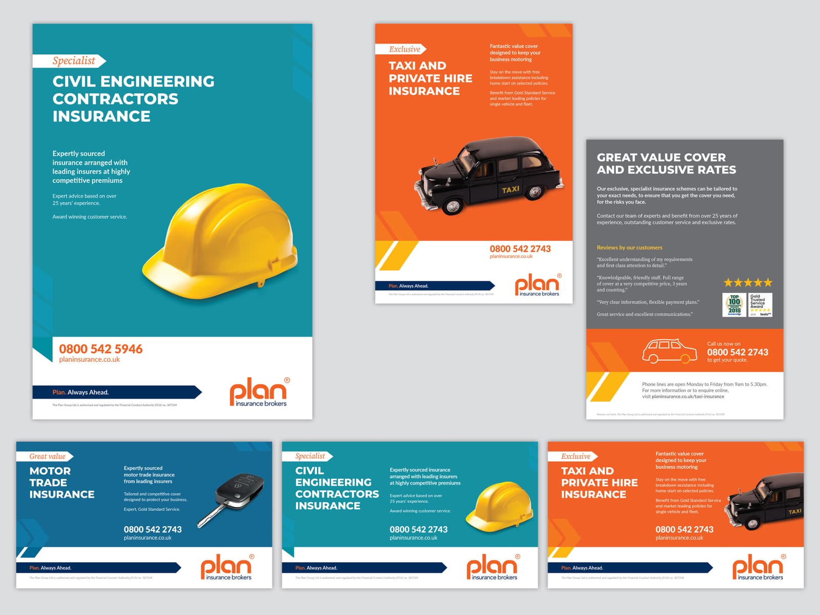 A series of adverts in portrait and landscape format, featuring cut-out images of objects on bright colour backgrounds
